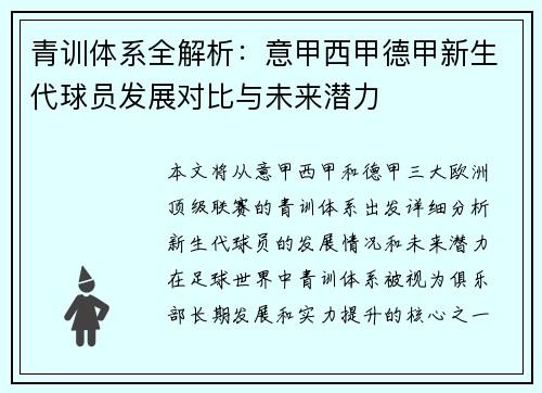 青训体系全解析：意甲西甲德甲新生代球员发展对比与未来潜力