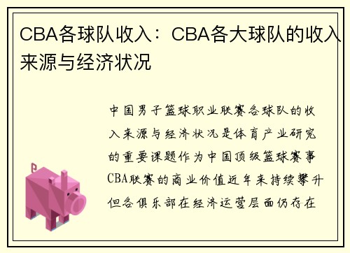 CBA各球队收入：CBA各大球队的收入来源与经济状况